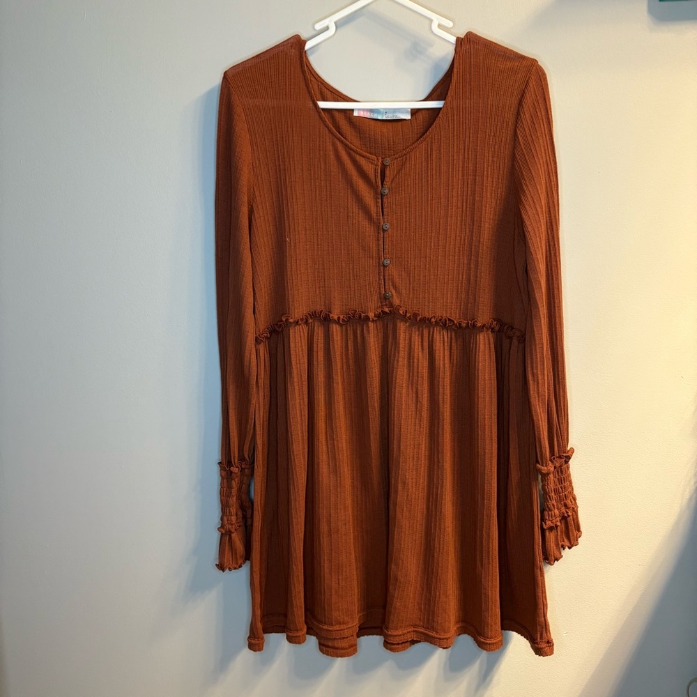 Free People Beach Long Sleeved Rust Colored Flowy Mini Dress